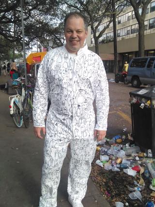 David Rhoden in handmade Mardi Gras suit, New Orleans, 2017