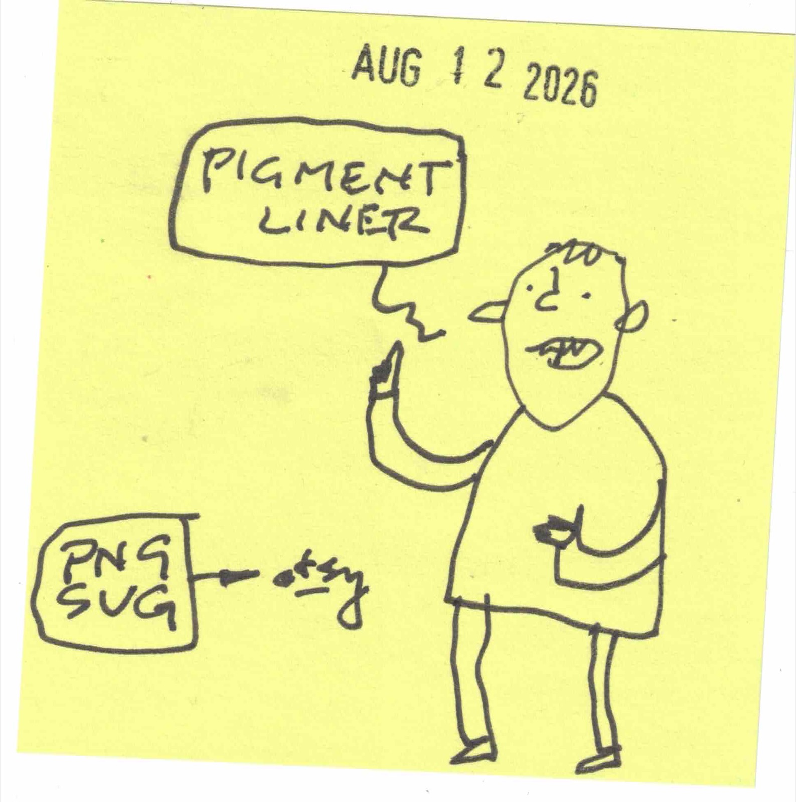 post-it sketch of a dude, done by David Rhoden with a Pigment Liner.