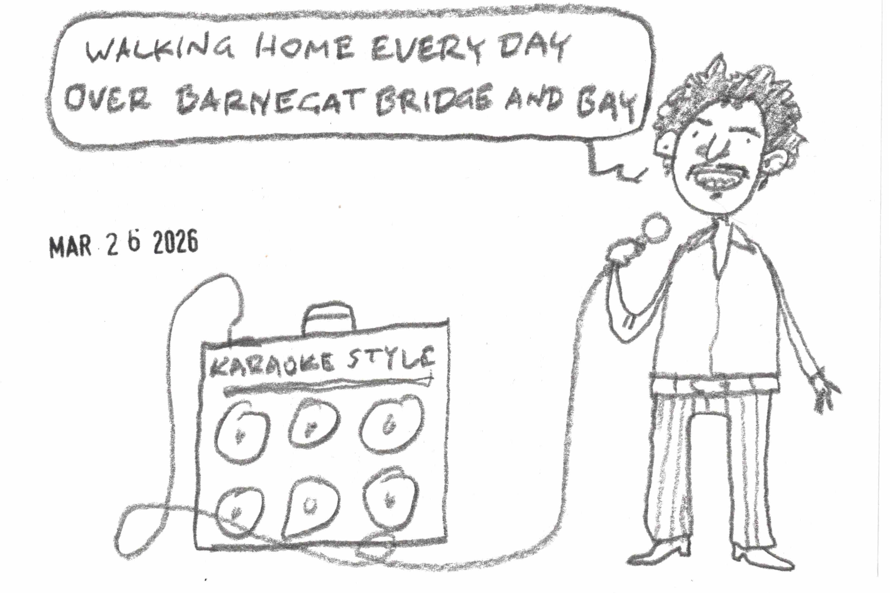 cartoon by David Rhoden of some dude doing karaoke to "My Eyes Adored You", specifically the line about Barnegat Bridge and Bay