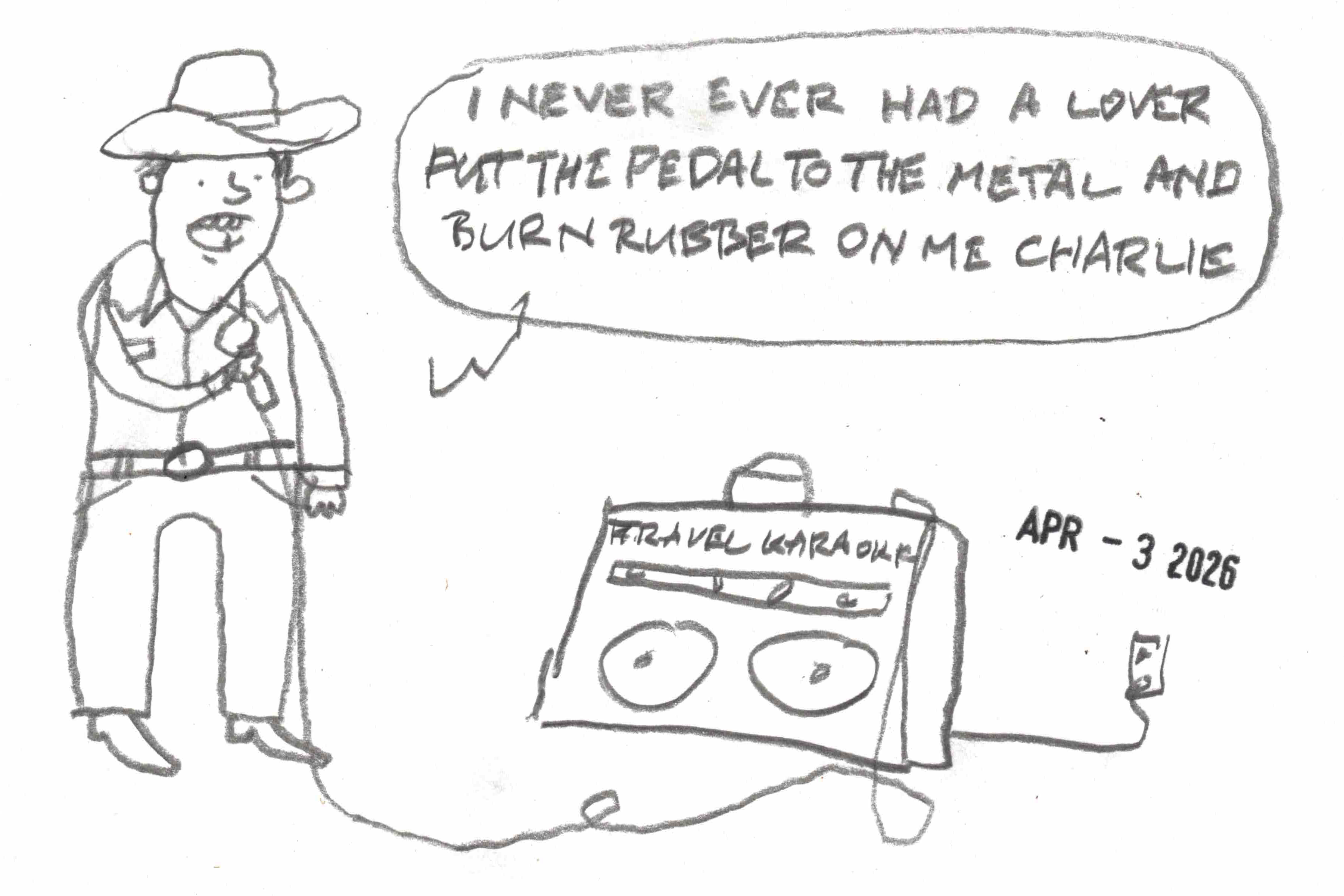 cartoon by David Rhoden of man in cowboy clothes singing "Burn Rubber (Why You Wanna Hurt Me)" by The GAP Band on an imaginary home karaoke machine