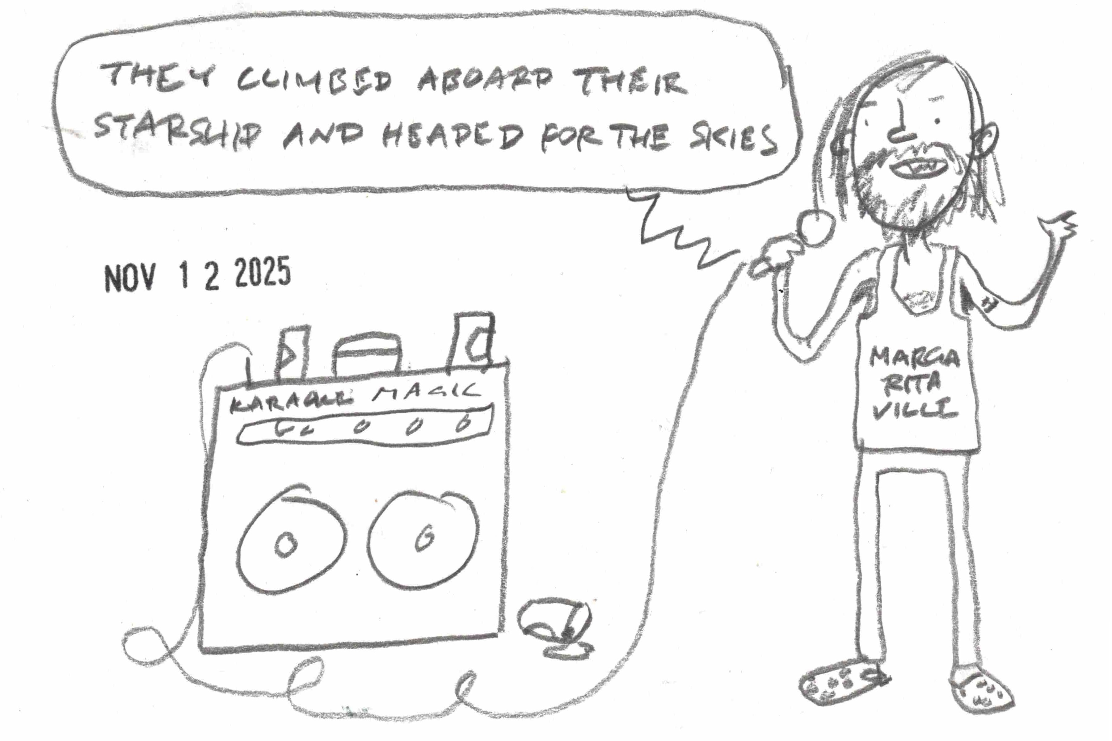 cartoon of skinny man singing "Come Sail Away" on imaginary home karaoke machine