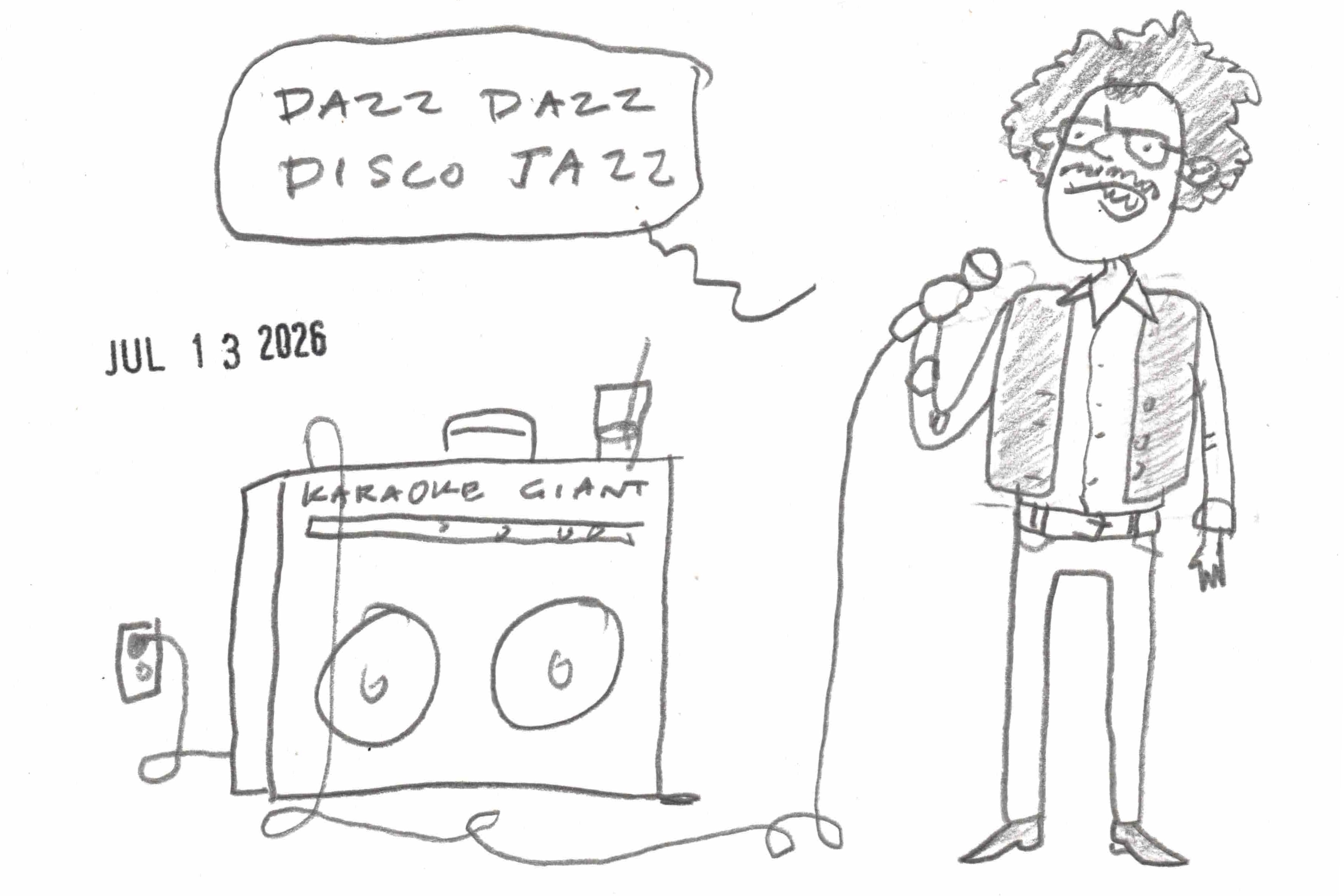 cartoon of man with big hair singing "dazz dazz disco jazz" on whimsical invented home karaoke machine