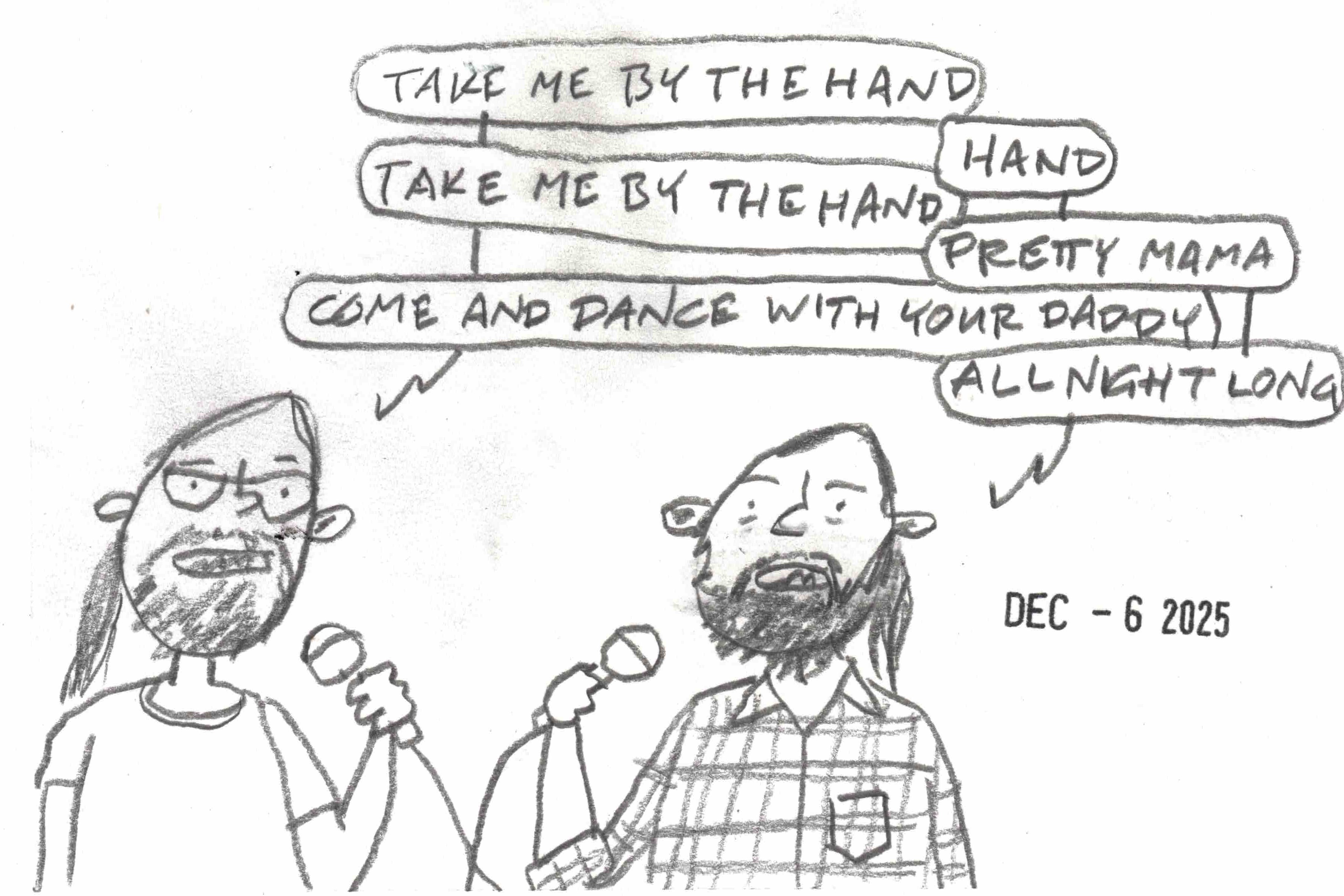 two dudes with ponytails singing "Black Water" togeether at karaoke