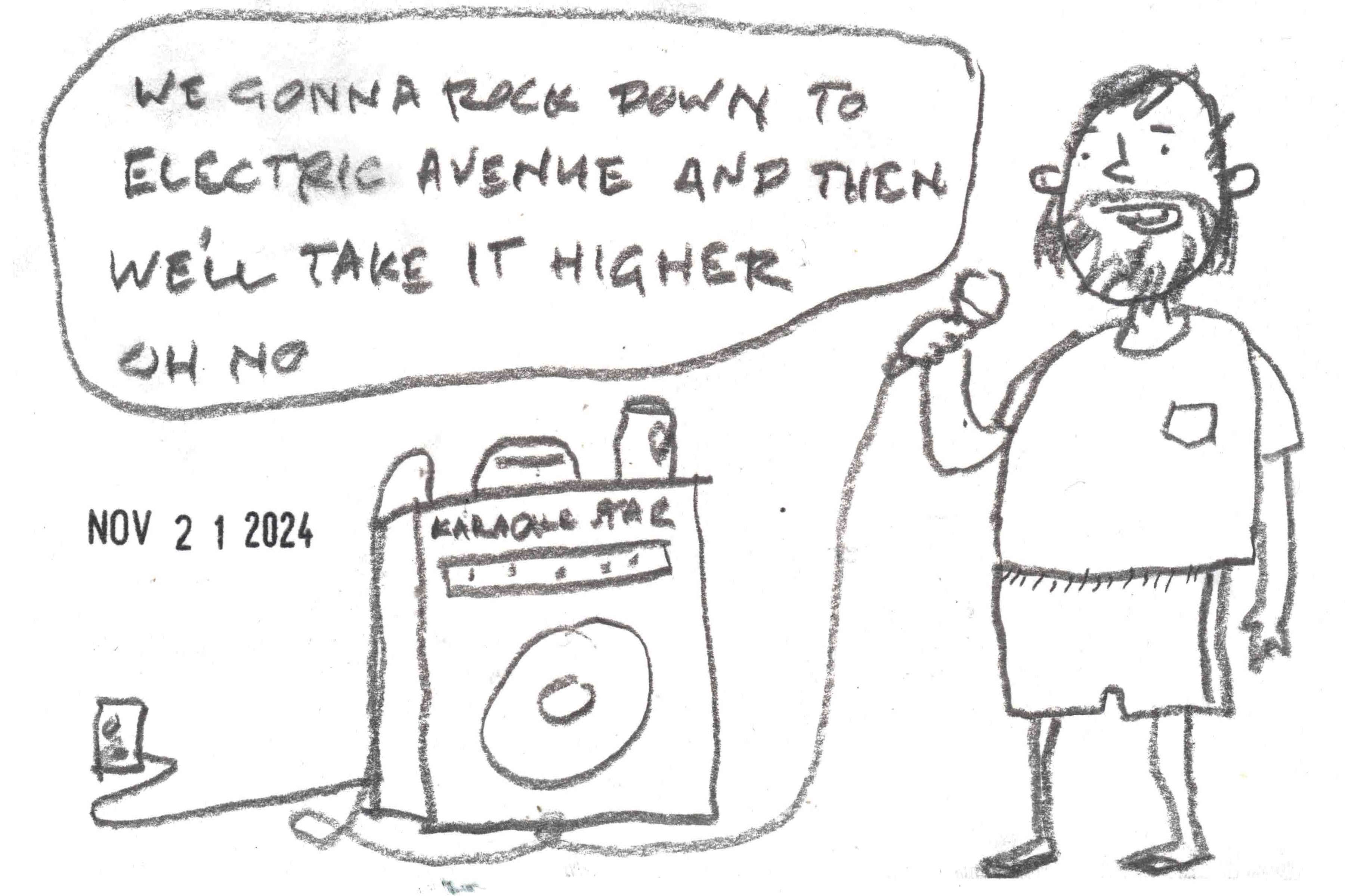 cartoon of man singing "Electric Avenue" at karaoke, by David Rhoden