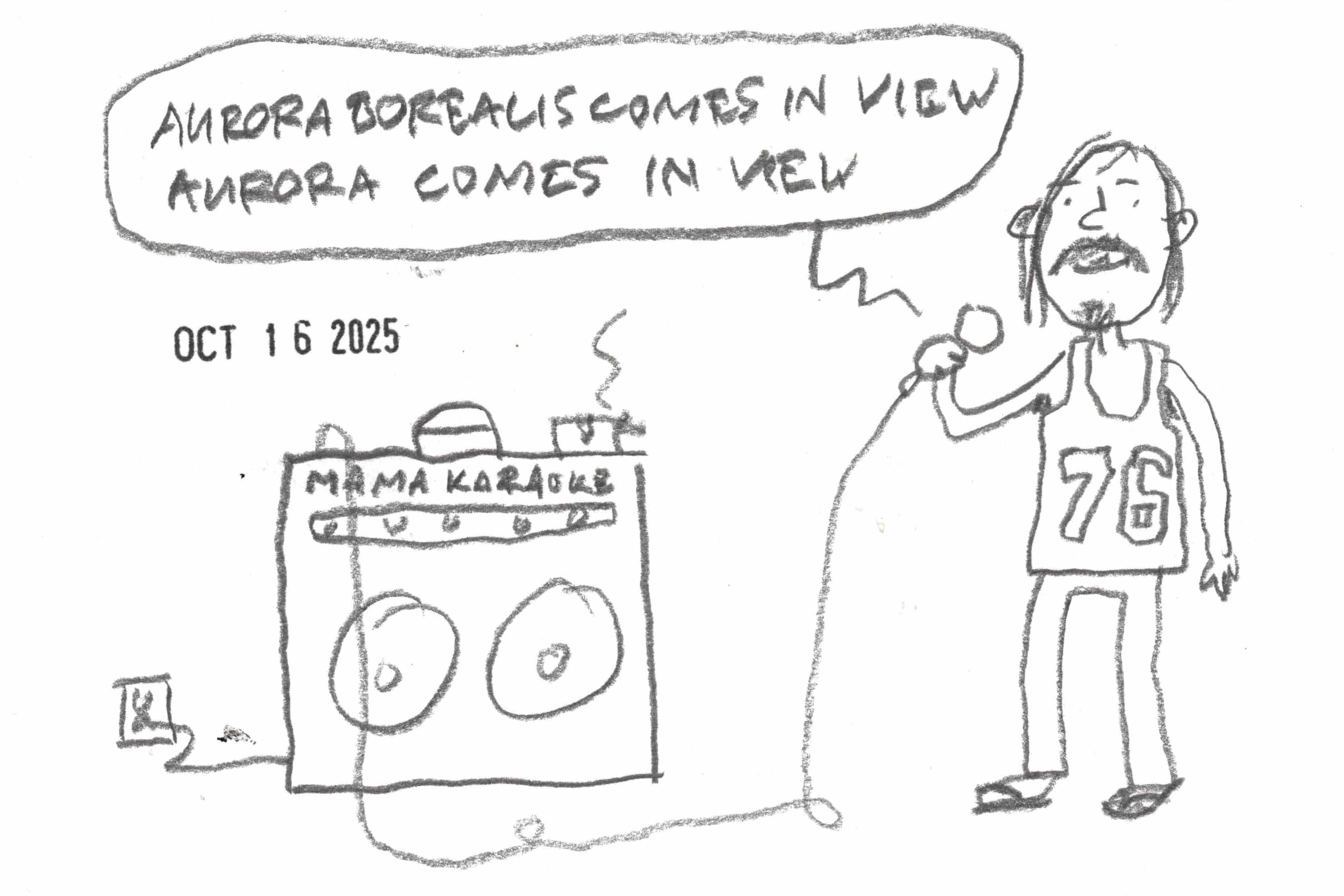 cartoon of a man singing "I Ran" at home karaoke.