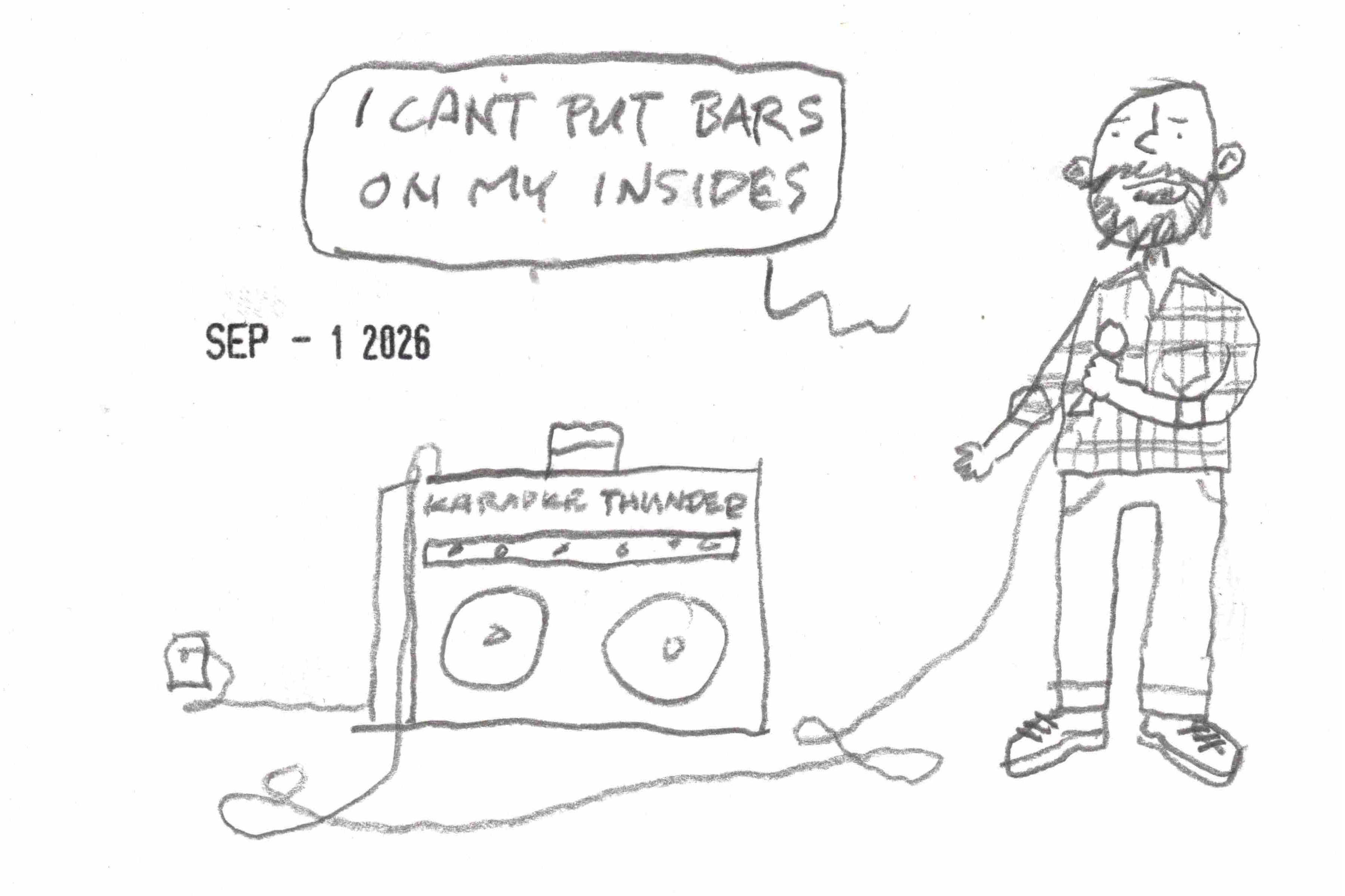 cartoon of man singing "I can't put bars on my insides" on an imaginary home karaoke machine