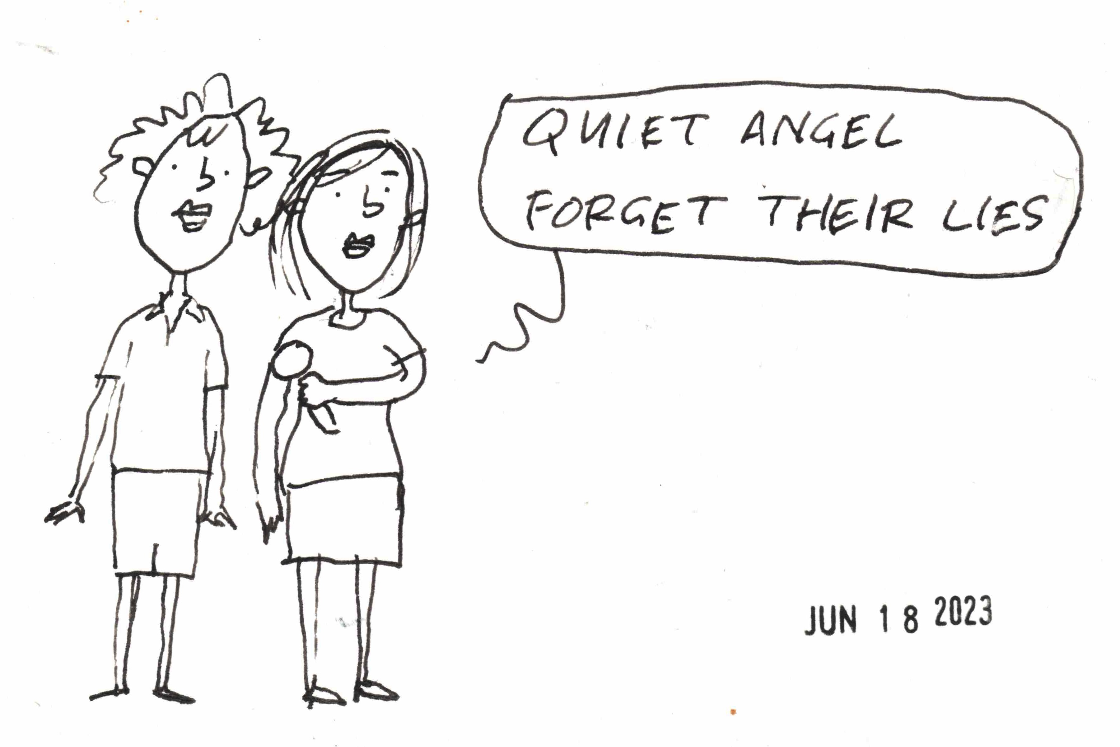 cartoon of two women singing "Quiet angel, forget theiir lies" at karaoke