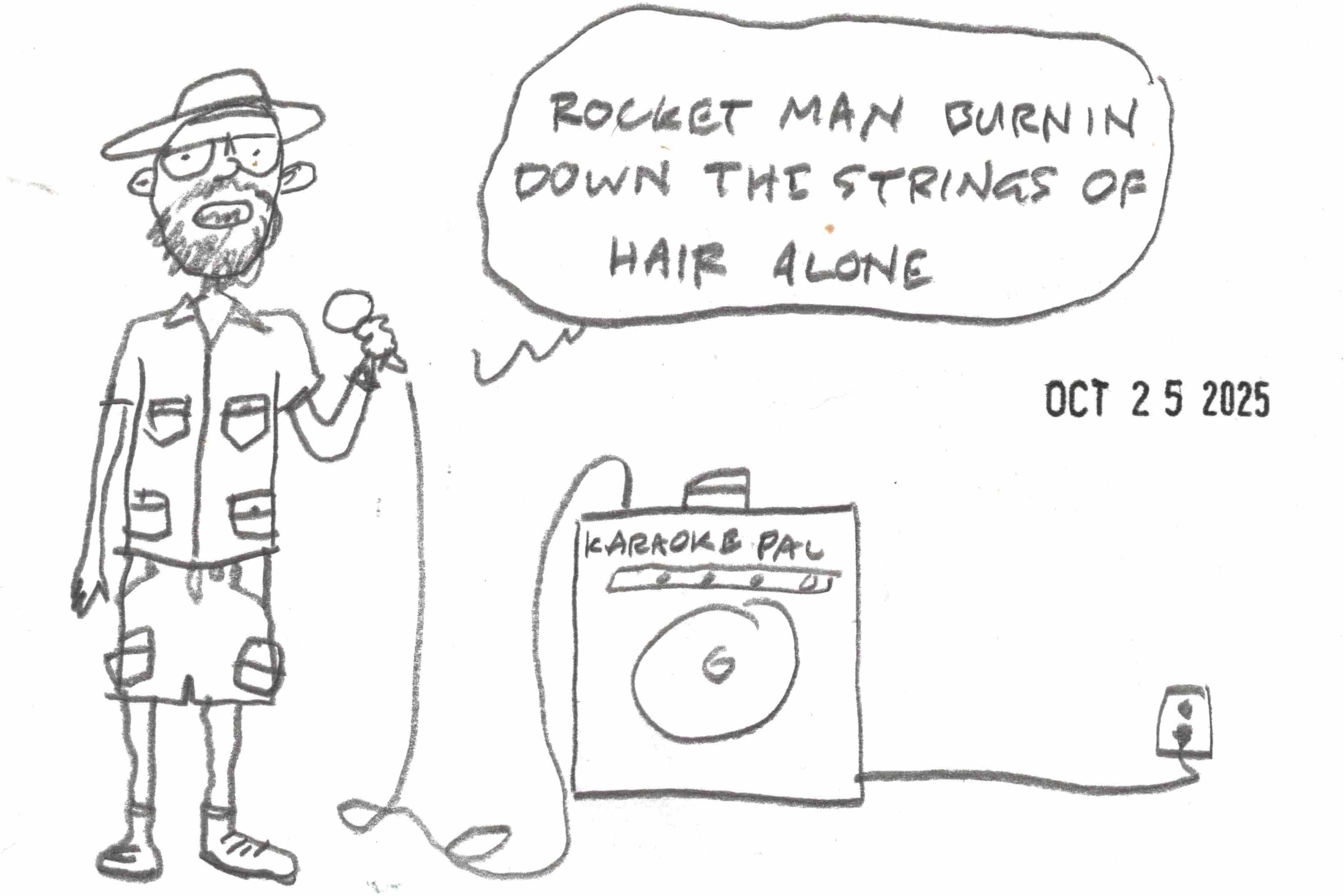 cartoon of man singing Rocket Man on imaginary home karaoke machine
