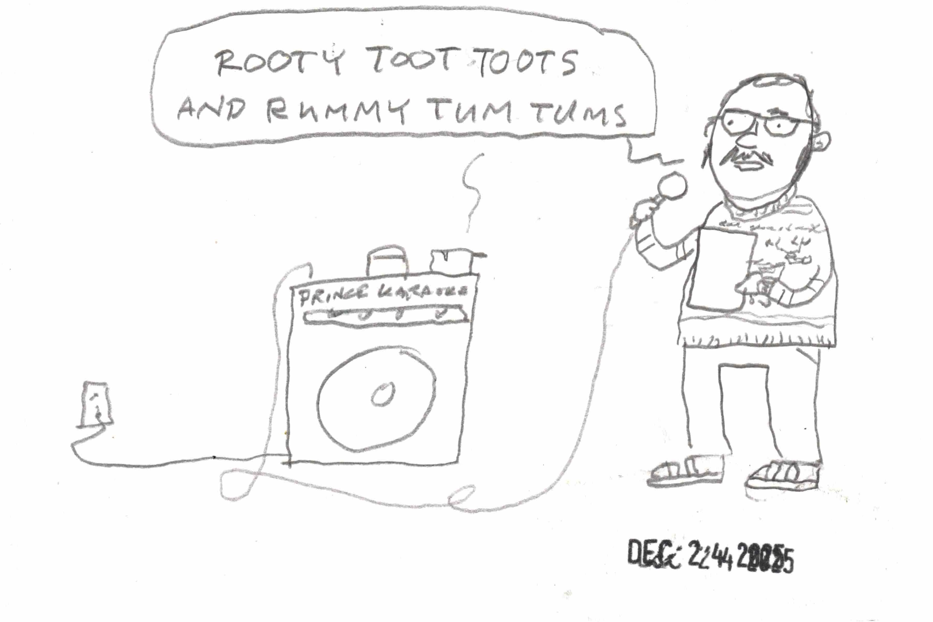 cartoon of man singing rooty toot toots and rummy tum tums on home karaoke machine