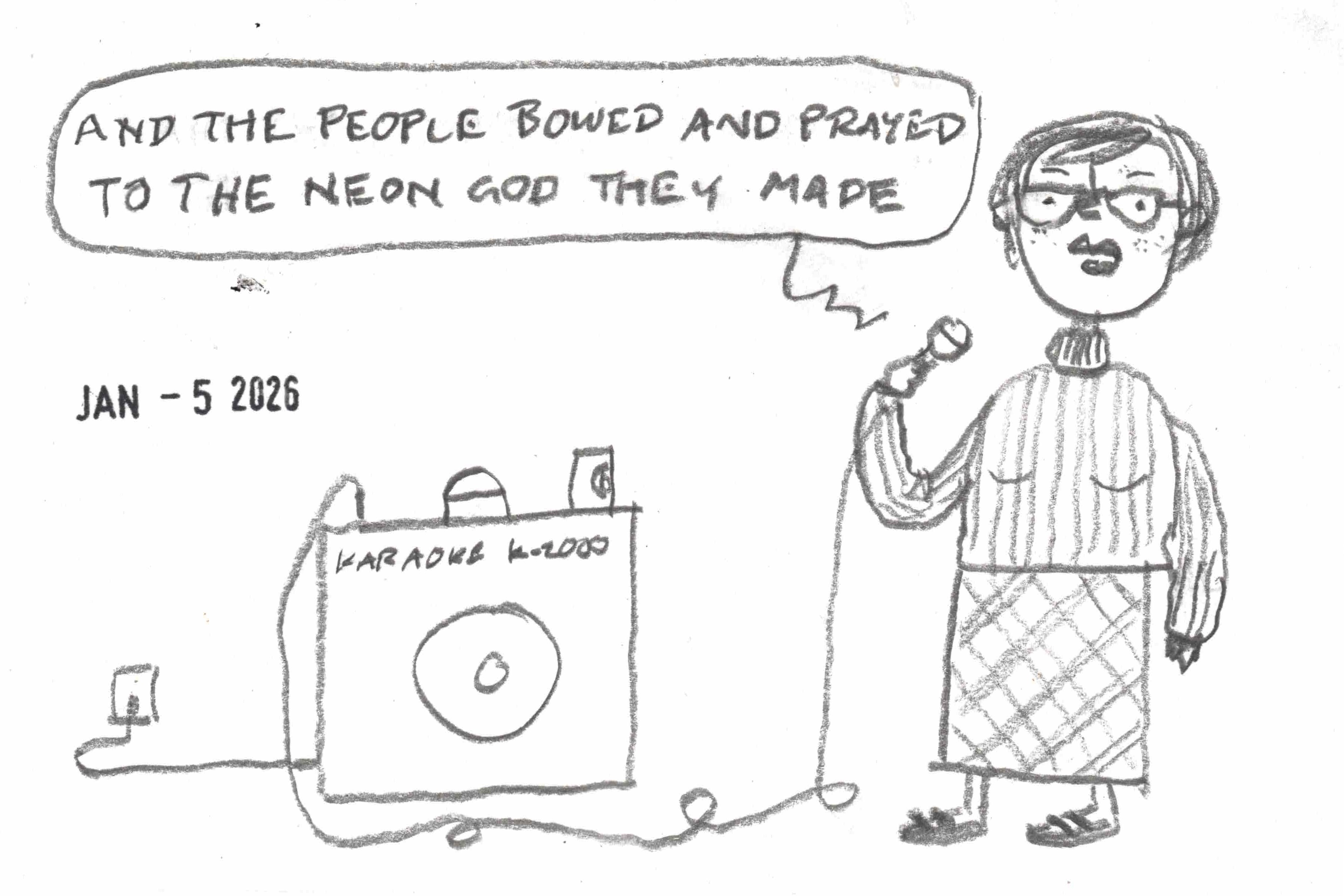cartoon of woman singing "The Sound Of Silence" on home karaoke machine