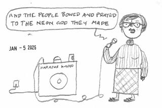 Cartooned a woman in seasonally appropriate clothing depressing everybody at a party.