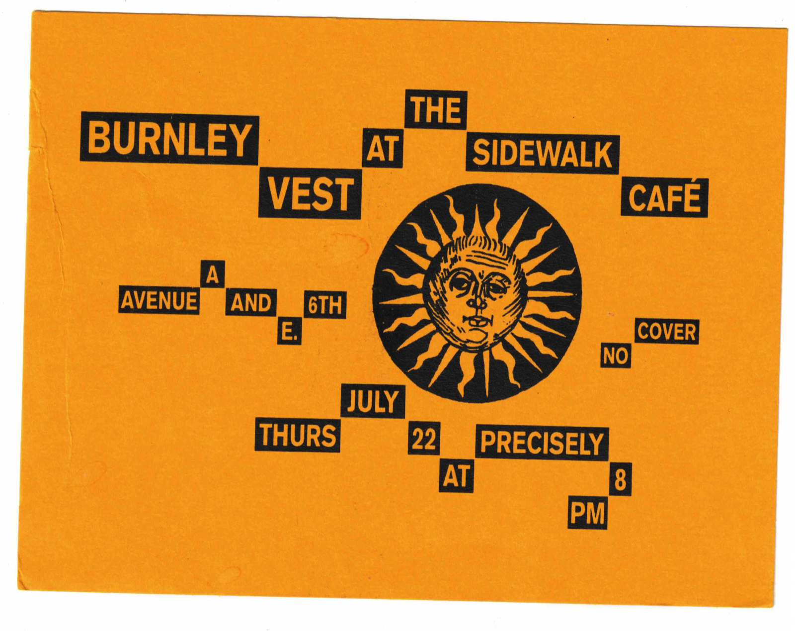 front of mailer advertising Burnley Vest show at Sidewalk Café, NYC
