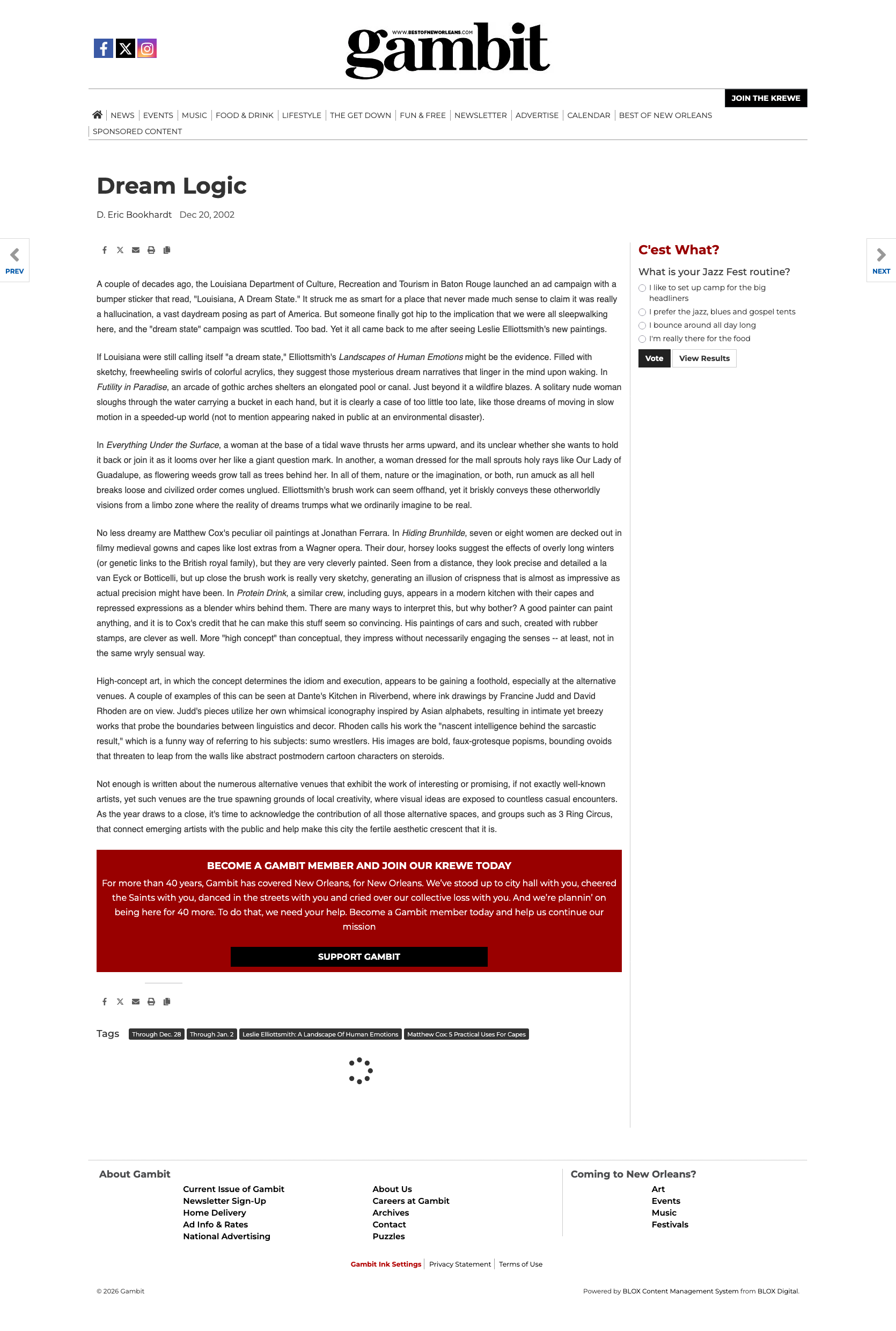 screenshot of D. Eric Bookhardt review of my show with Francie Judd at the lost but beloved restaurant in the Riverbend, Dante's Kitchen.