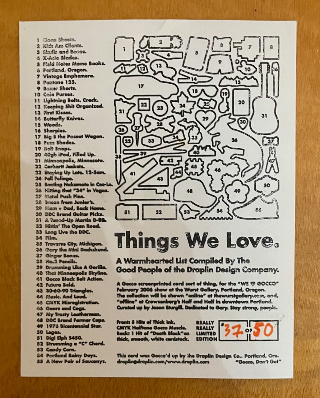 back of Gocco print by Draplin Design Co. labeled Things We Love, with a guide to identify the fifty things pictured on the front.