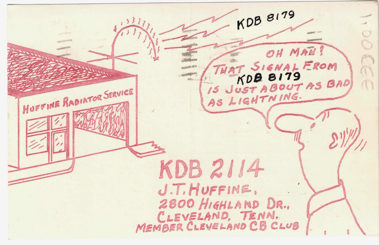 QSL card from Huffine Radiator Service, Cleveland Tennessee.