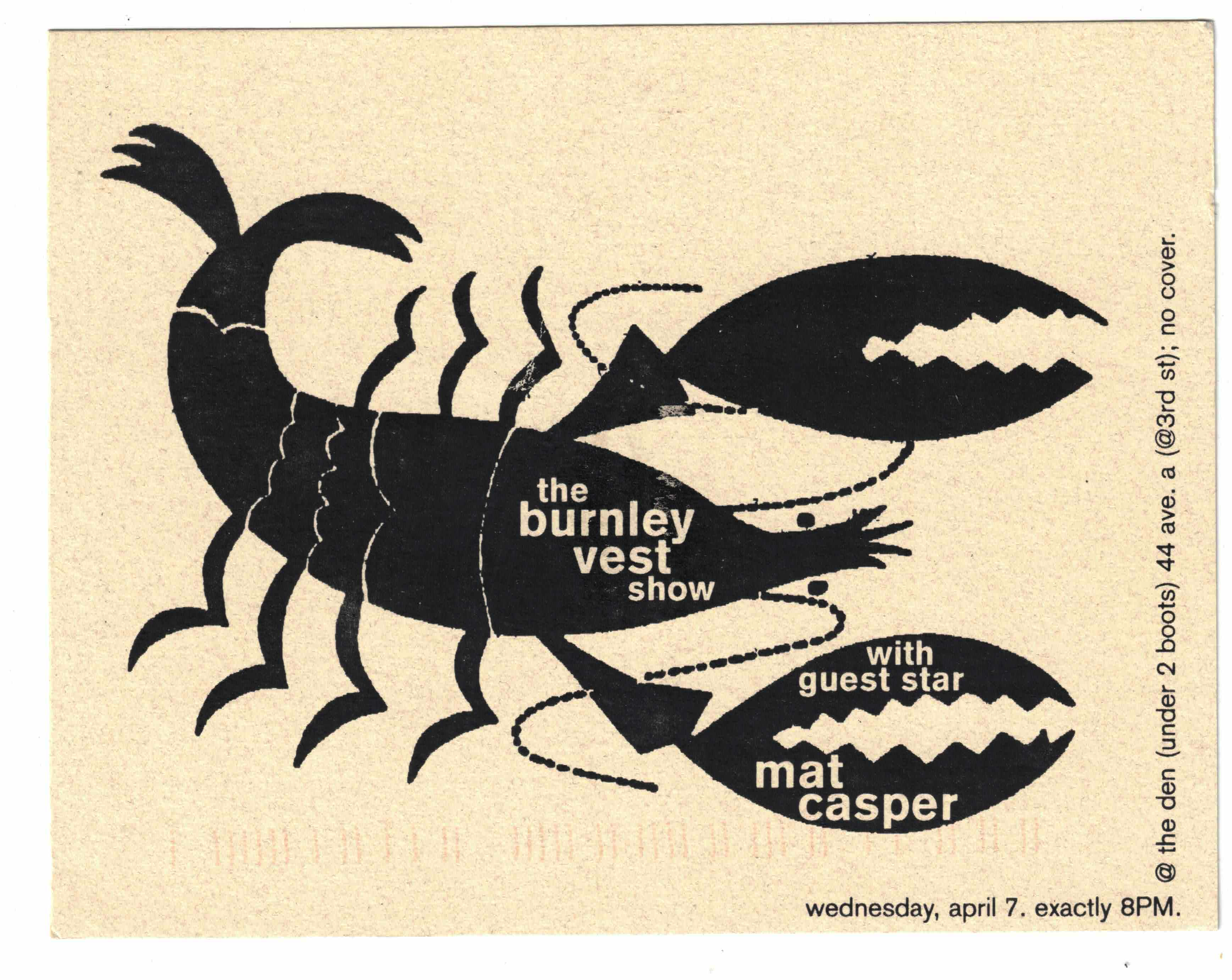 front of postcard-sized mailer advertising a burnley vest show on April 7, 1999.