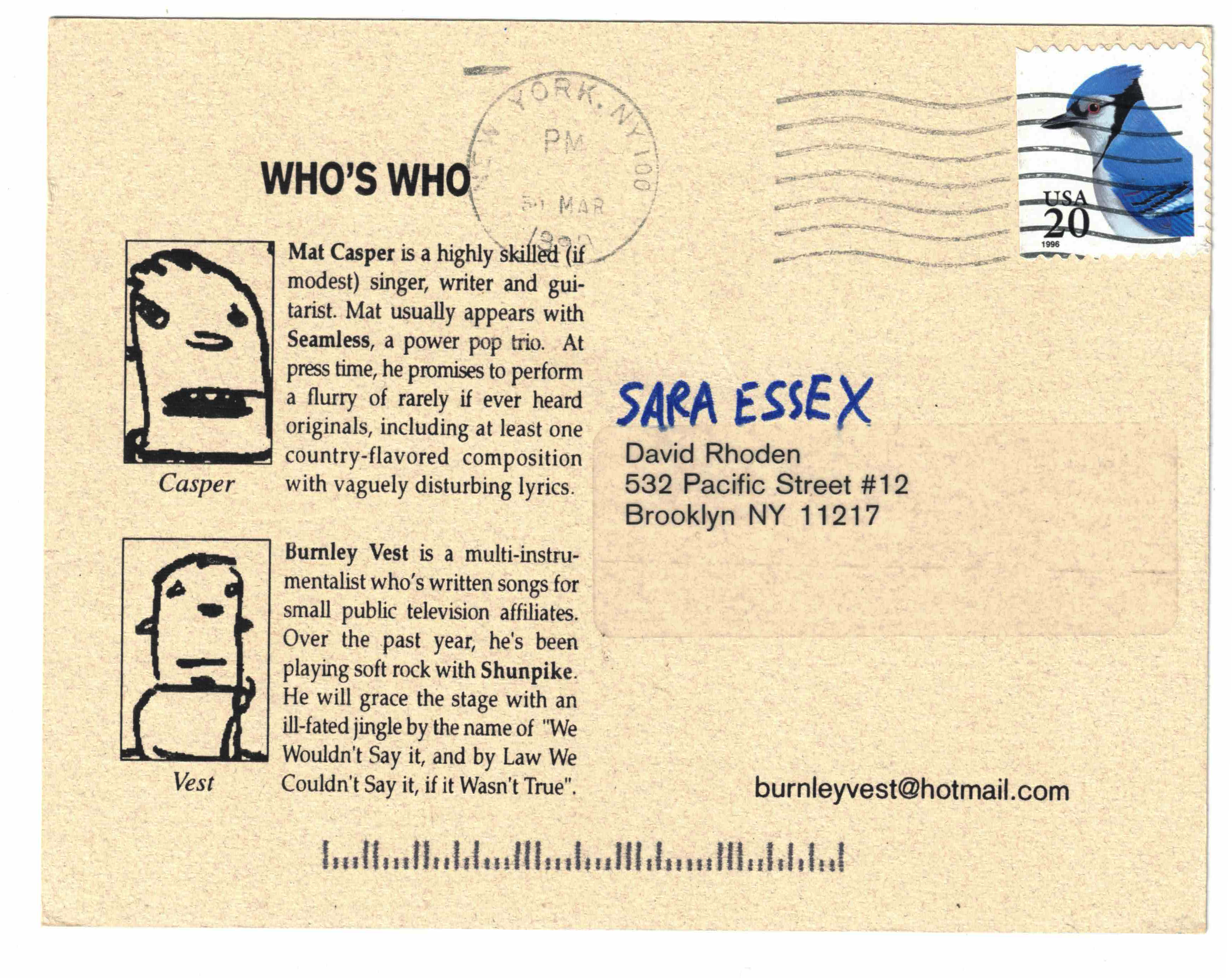 back of postcard-sized mailer advertising a burnley vest show on April 7, 1999.