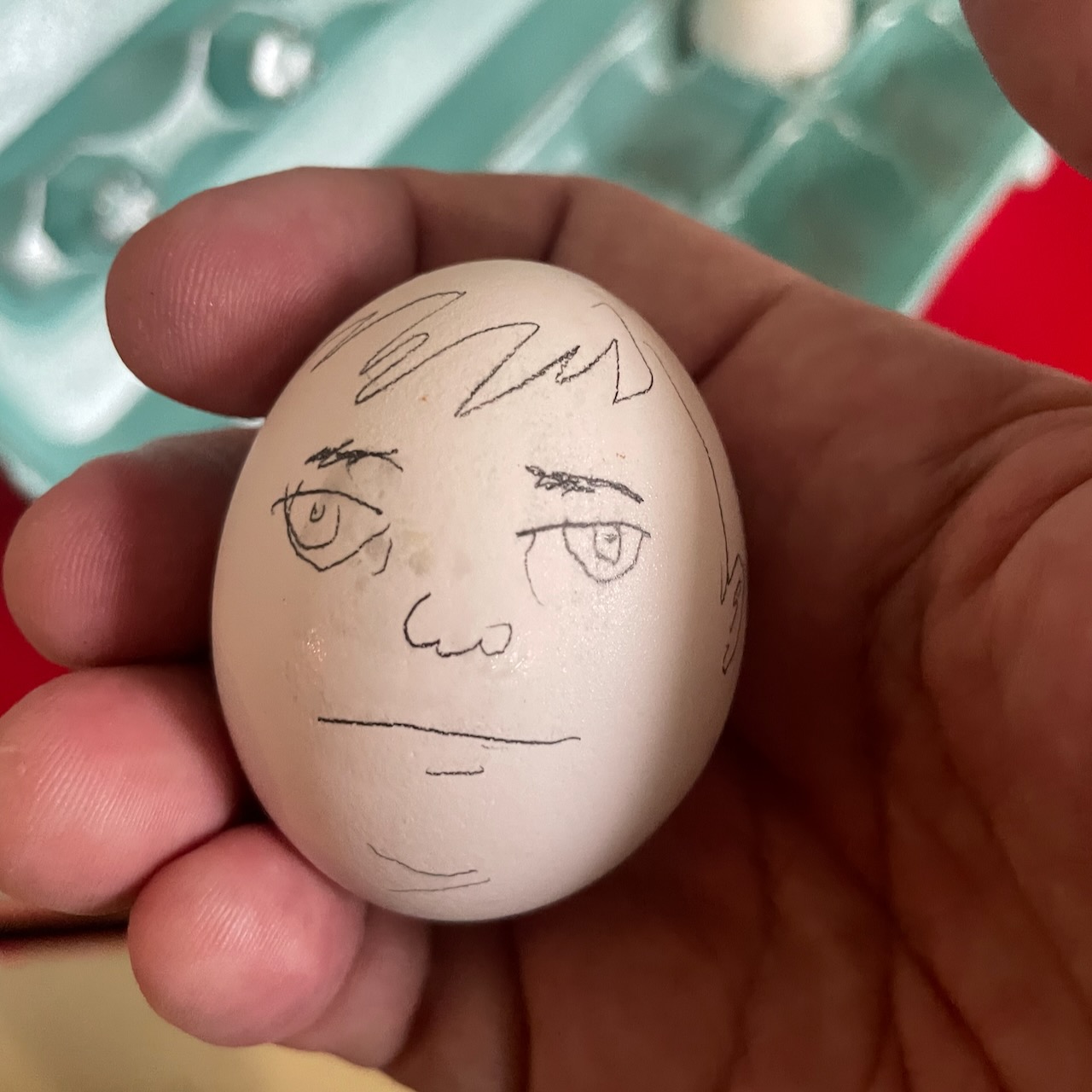 egg with a sullen little face drawn on it by David Rhoden