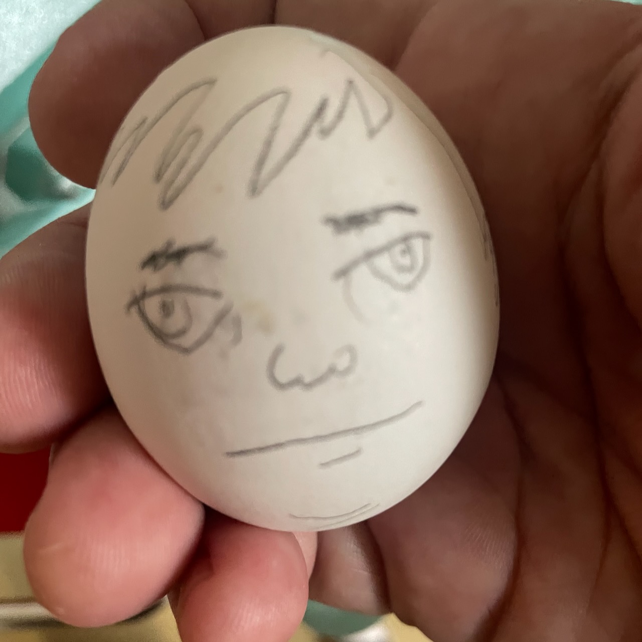 egg with a sullen little face drawn on it by David Rhoden
