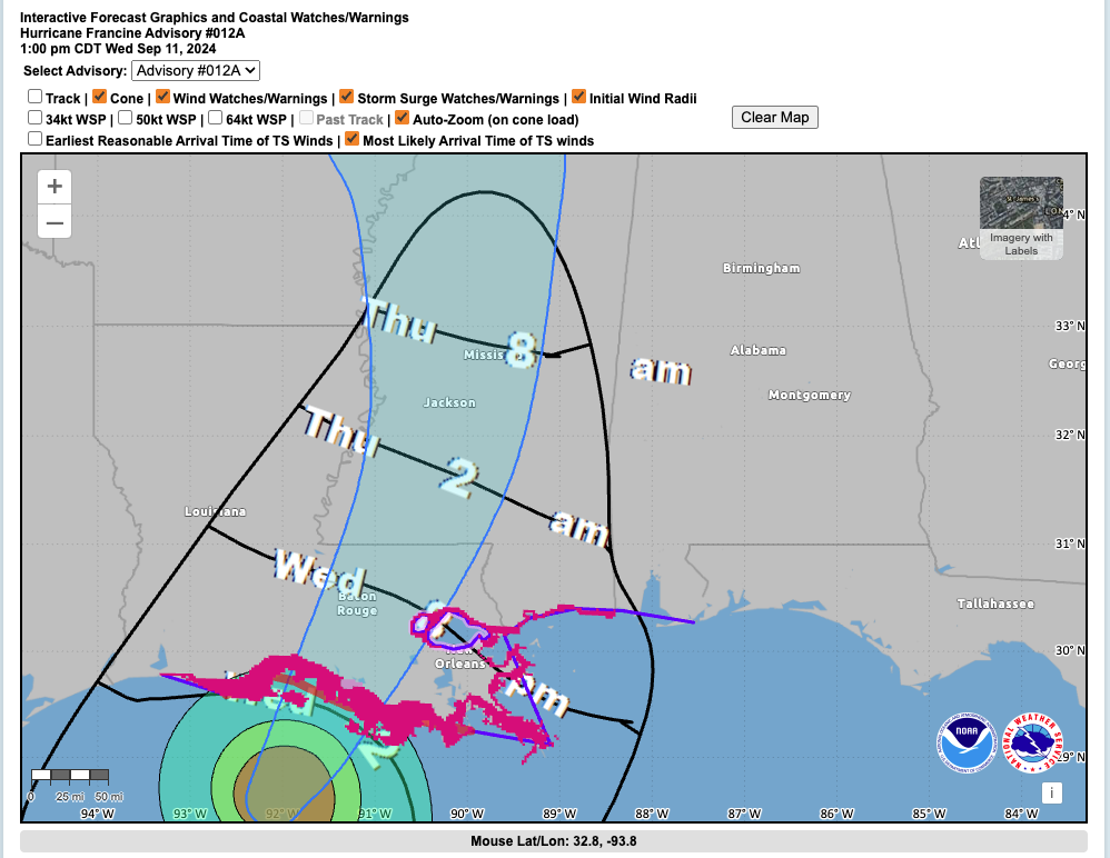 expected track of Hurricane Francine.