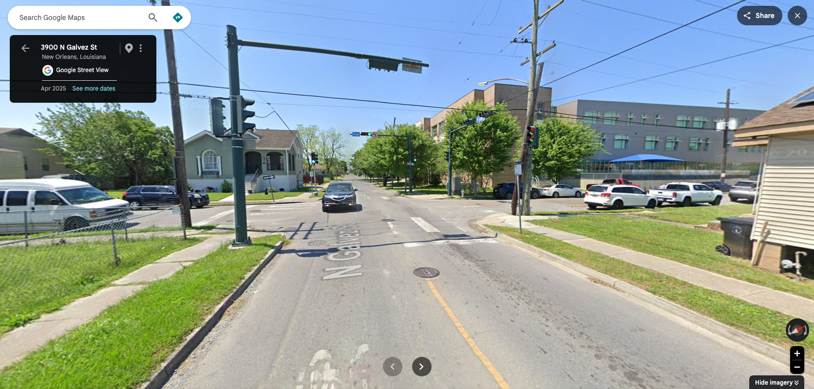 google Maps street View of the corner where Galvez meets Pauline Street in New Orleans.