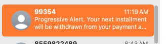 screenshot of alert for Progressive insurance, not an alert aimed at progressives, which is what I thought it was at first.