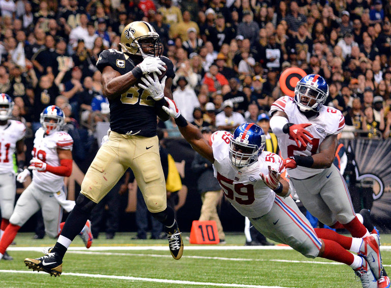 Saints Benjamin Watson catching a touchdown pass from Drew Brees